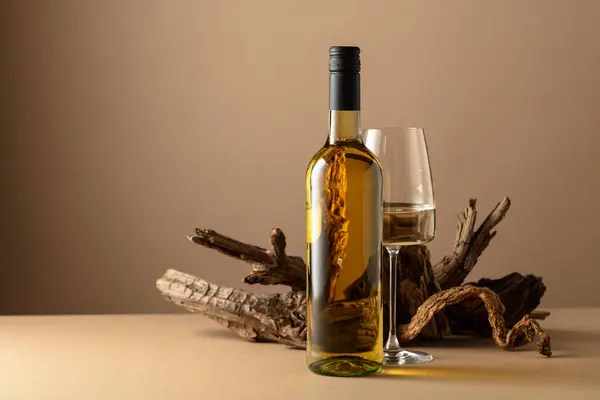 Witte Wijn Snags Een Beige Achtergrond Kopieerruimte — Stockfoto