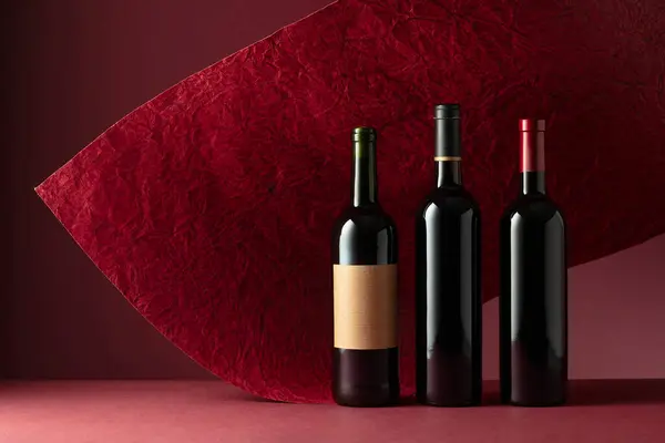 Bottles Red Wine Red Background Copy Space Your Text — Stock Photo, Image