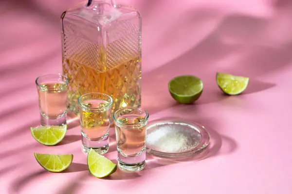 Tequila Avec Tranches Sel Citron Vert Sur Fond Rose Lumière — Photo