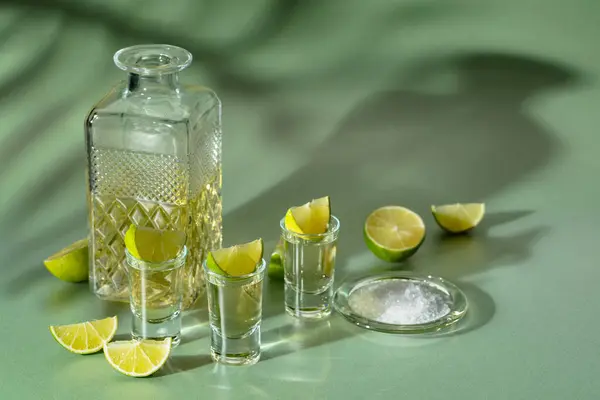 Tequila Mit Salz Und Limettenscheiben Auf Grünem Hintergrund Helles Sonnenlicht — Stockfoto