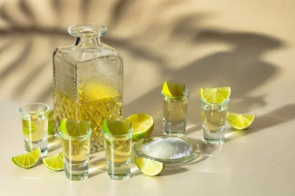 Tequila Mit Salz Und Limettenscheiben Auf Gelbem Hintergrund Helles Sonnenlicht — Stockfoto