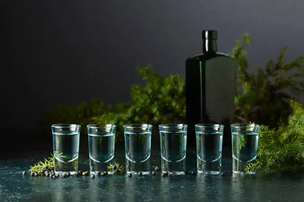 ブルージンとジュニパーは ダークブルーのテーブルに枝分かれしています ジュニパーベリー ヴィンテージボトルのグラス コピースペース ストック写真