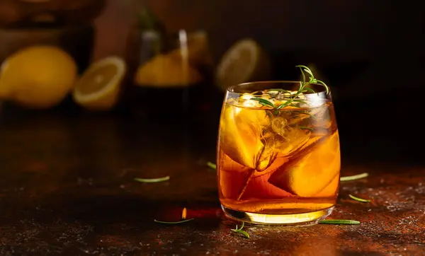 Iced Tea Alcoholic Cocktail Ice Rosemary Lemon Slices Old Brown Stock Photo