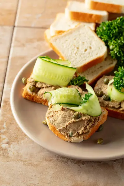 Toasts Pate Beige Plate Open Sandwiches Pate Fresh Cucumber Capers Stock Photo
