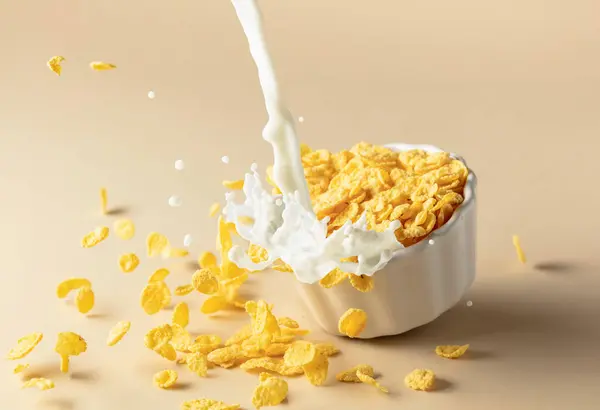 セラミックプレートにミルクスプラッシュが付いている乾燥した蜂蜜のコーンフレーク 有機農場のミルクを使ったフレーク 朝食のための健康的な食事 ベジタリアン ビーガン料理の概念 ストック画像
