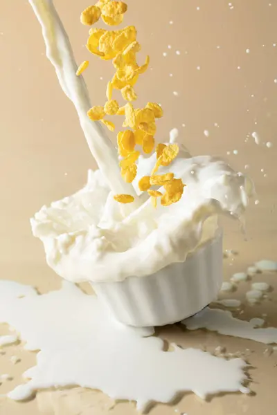 セラミックプレートにミルクスプラッシュが付いている乾燥した蜂蜜のコーンフレーク 有機農場のミルクを使ったフレーク 朝食のための健康的な食事 ベジタリアン ビーガン料理の概念 ストック写真