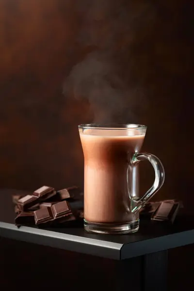 Pedaços Chocolate Amargo Copo Cacau Espaço Cópia — Fotografia de Stock