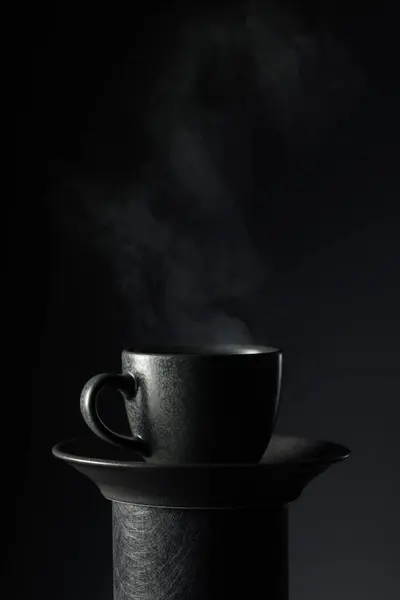 Black Cup Coffee Black Background Copy Space Stock Picture