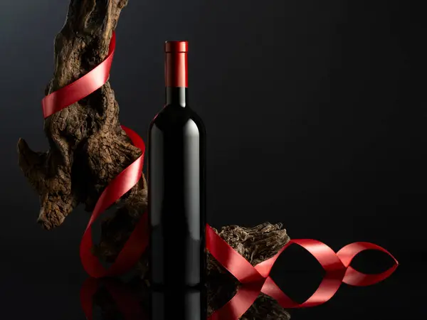Fles Rode Wijn Een Zwarte Reflecterende Achtergrond Achtergrond Oud Verweerd — Stockfoto