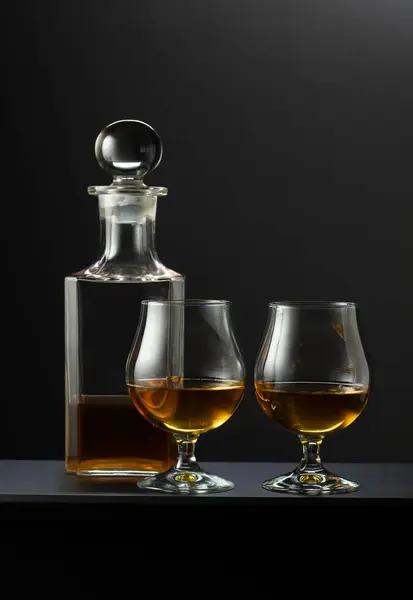 Old Decanter Glasses Whiskey Cognac Brandy Black Background Stock Photo