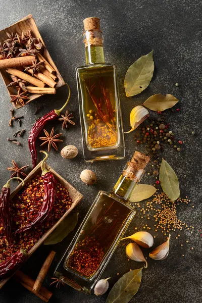 Bottles Olive Oil Various Spices Kitchen Table Top View — Stock Photo, Image