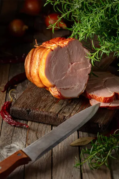 Tasty Smoked Pork Ham Rosemary Onion Garlic Red Pepper Bay — Stock Photo, Image