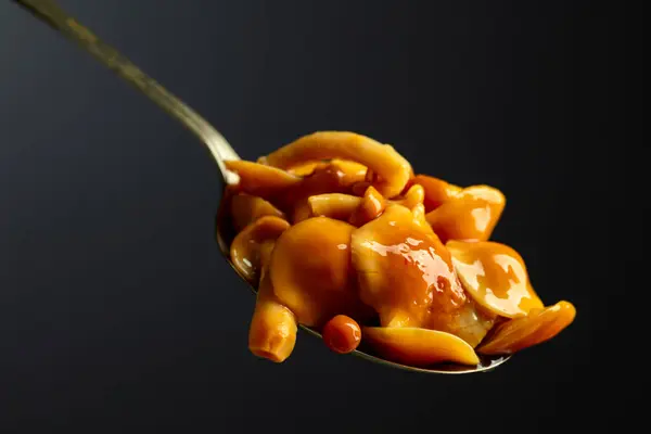 Homemade Pickled Honey Mushrooms Spoon Macro Shot — Stock Photo, Image