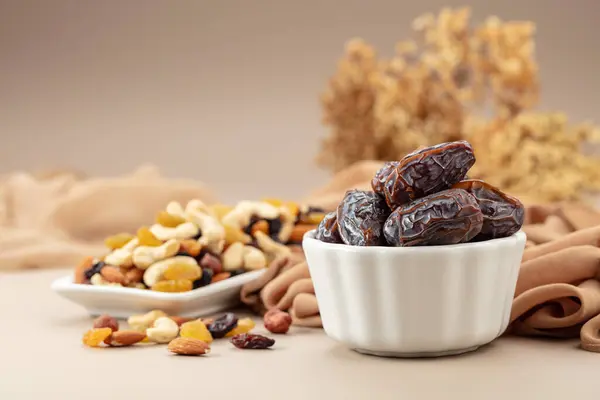 Dates Mix Various Nuts Raisins White Bowl Beige Background Copy Stock Image