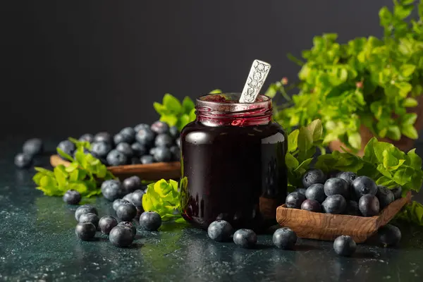 Blueberry Jam Fresh Berries Leaves Dark Blue Background Copy Space — Stock Photo, Image