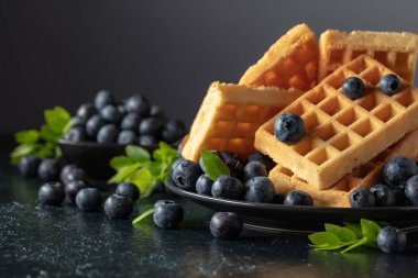 Siyah tabakta taze yaban mersinli Belçika waffleları. Koyu mavi bir masada yeşil yapraklı waffle ve taze meyveler..