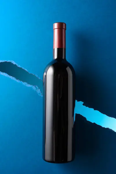 Bottle Red Wine Dark Blue Background Top View Stockfoto