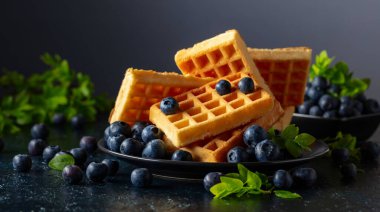 Siyah tabakta taze yaban mersinli Belçika waffleları. Koyu mavi bir masada yeşil yapraklı waffle ve taze meyveler..