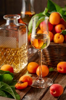 Apricot liqueur or grappa and fresh apricots on an old wooden table.