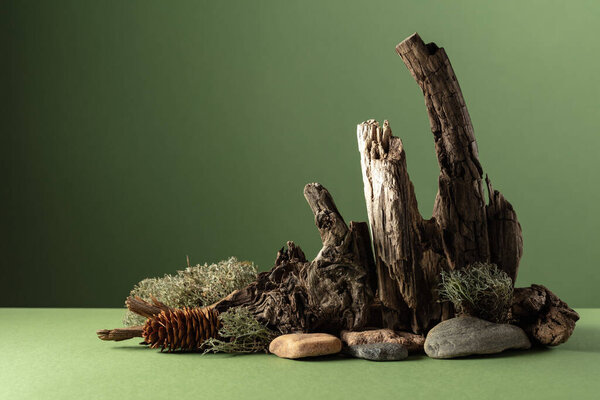 Abstract nature scene with a composition of moss, stones, and dry snags on a green background. Copy space.