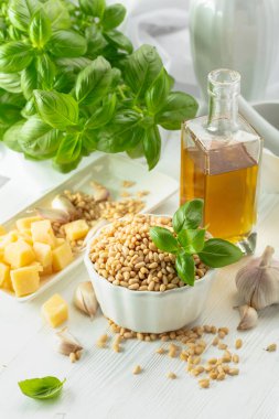 Pesto sosu yapmak için gerekli malzemeler. Fesleğen, çam fıstığı, sarımsak, parmesan ve beyaz ahşap bir masada zeytin yağı. Geleneksel İtalyan pesto tarifi.