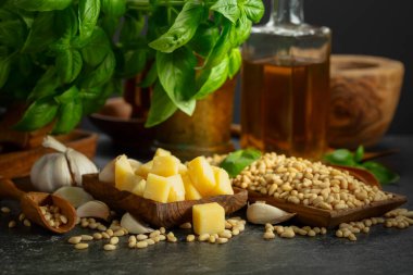 Pesto sosu yapmak için gerekli malzemeler. Fesleğen, çam fıstığı, sarımsak, parmesan ve siyah taş bir masada zeytin yağı. Geleneksel İtalyan pesto tarifi.