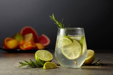Buzlu, biberiyeli ve taş bir masada limonlu cin tonik. Arka planda kokteyl yapmak için çeşitli turunçgil meyveleri var..