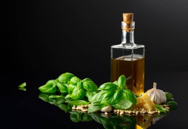 Pesto sosu yapmak için gerekli malzemeler. Fesleğen, çam fıstığı, sarımsak, parmesan ve siyah yansıtıcı arka planda zeytin yağı. Geleneksel İtalyan pesto tarifi.