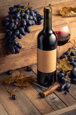 Eski ahşap bir masada bir şişe kırmızı şarap ve mavi üzüm. Eski boş bir şişede. Boşluğu kopyala.