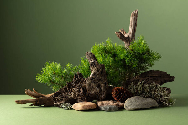Abstract nature scene with a composition of spruce branches, stones, and dry snags. Traditional japanese bonsai miniature tree on a green background. Copy space.