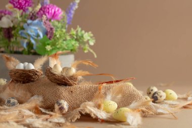 Bej arka planda yumurta, tüy ve bahar çiçekleriyle paskalya kompozisyonu. Boşluğu kopyala.