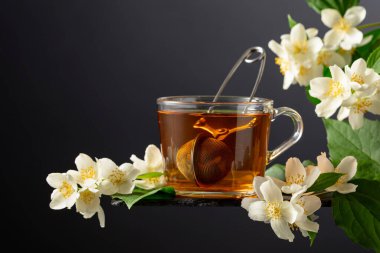 Bir fincan yasemin çayı ve siyah arka planda taze yasemin çiçekleri. Boşluğu kopyala.