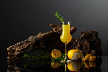 Siyah yansıtıcı arka planda geleneksel İtalyan likörü Limoncello. Bir bardak limon likörü ve arka planda biberiye dalı..