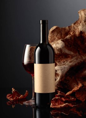 Eski etiketli bir şişe kırmızı şarap. Arka planda eski ağaç dalları ve kurumuş asma yaprakları var. Yazılarınız için alan ile ön görünüm.