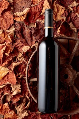 Bottle of red wine on the rusty wheel and dried-up vine leaves. Old expensive wine concept. Top view.