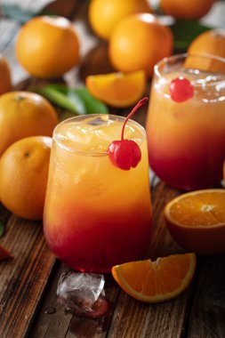 Klasik tekila gündoğumu kokteyli, portakal suyu ve nar şurubunun katmanlı renkleri, bir şişe maraska şişi ile süslenmiş..