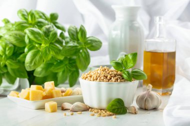 Pesto sosu yapmak için gerekli malzemeler. Fesleğen, çam fıstığı, sarımsak, parmesan ve beyaz ahşap bir masada zeytin yağı. Geleneksel İtalyan pesto tarifi.