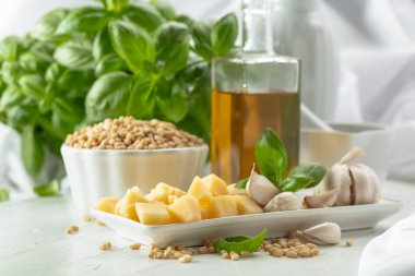 Pesto sosu yapmak için gerekli malzemeler. Fesleğen, çam fıstığı, sarımsak, parmesan ve beyaz ahşap bir masada zeytin yağı. Geleneksel İtalyan pesto tarifi.