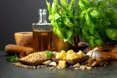 Pesto sosu yapmak için gerekli malzemeler. Fesleğen, çam fıstığı, sarımsak, parmesan ve siyah taş bir masada zeytin yağı. Geleneksel İtalyan pesto tarifi.