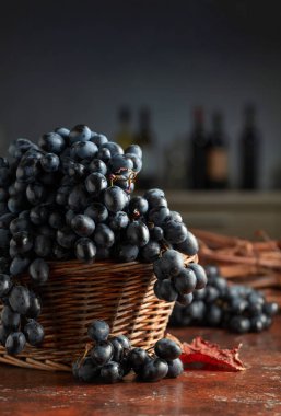 Kahverengi bir masada eski sepetteki mavi üzümler. Arka plandaki tezgahta çeşitli şarap şişeleriyle. Önplana odaklan.