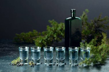 Mavi cin ve ardıç dalları koyu mavi bir masada. Bir bardak cin, ardıç meyvesi ve klasik şişe. Boşluğu kopyala.