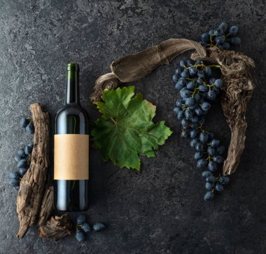 Bir şişe kırmızı şarap, mavi üzüm ve siyah taşlı arka planda eski asma parçaları. Eski boş bir şişede. Üst Manzara. Boşluğu kopyala.