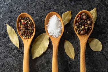 Kurumuş organik baharatların siyah bir arka planda tahta kaşıklarda karışımı. Üst görünüm.