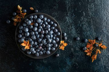 Siyah bir arka planda siyah tabakta yaban mersini. Üst görünüm.