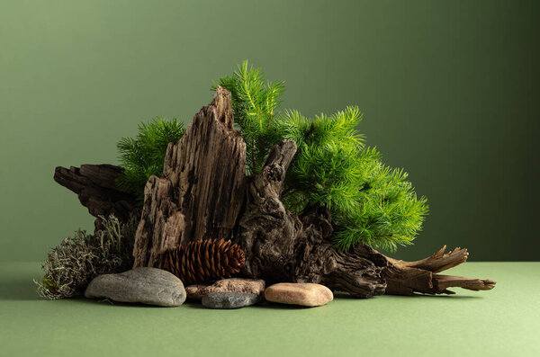 Abstract nature scene with a composition of spruce branches, stones, and dry snags. Traditional japanese bonsai miniature tree on a green background. Copy space.