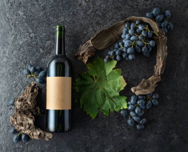 Bir şişe kırmızı şarap, mavi üzüm ve siyah taşlı arka planda eski asma parçaları. Eski boş bir şişede. Üst Manzara. Boşluğu kopyala.