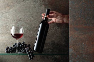 Bir şişe kırmızı şaraba uzanır. Metnin için boş yer.