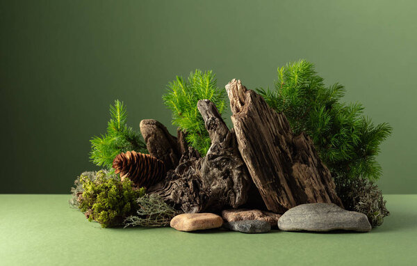 Abstract nature scene with a composition of spruce branches, stones, and dry snags. Traditional japanese bonsai miniature tree on a green background. Copy space.