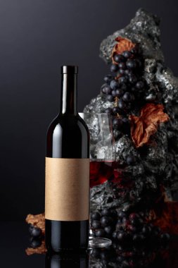 Bottle of red wine with empty label. In the background rough grey stone and blue grapes. 
