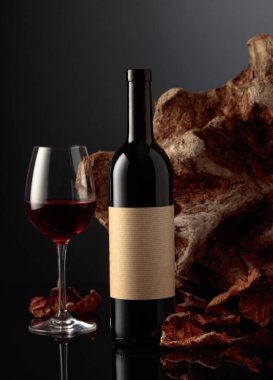 Eski etiketli bir şişe kırmızı şarap. Arka planda eski ağaç dalları ve kurumuş asma yaprakları var. Yazılarınız için alan ile ön görünüm.